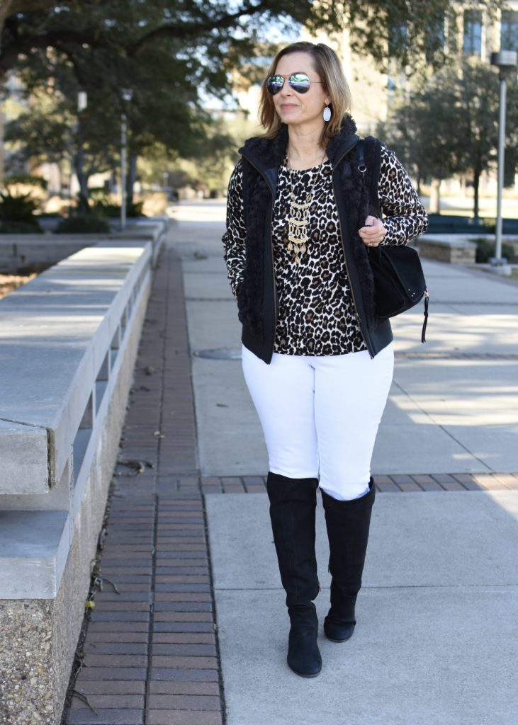 Layering Leopard and Black with White Jeans for Winter 